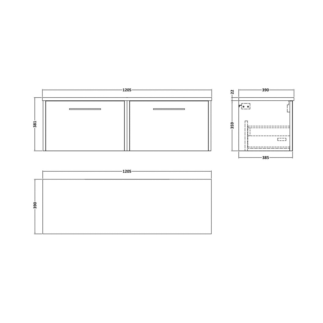 Hudson Reed Juno 1200 Wall Hung 2-drawer Vanity & Laminate Worktop Contemp Midnight Blue MFC Painted Matt 381x1205x390mm - JNU2922LCM2 - JJ Building Materials