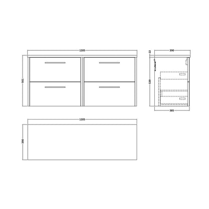 Hudson Reed Juno 1200 Wall Hung 4-drawer Vanity & Laminate Worktop Contemp Graphite Grey Woodgrain MFC Textured Woodgrain 561x1205x390mm - JNU2224LCM2 - JJ Building Materials