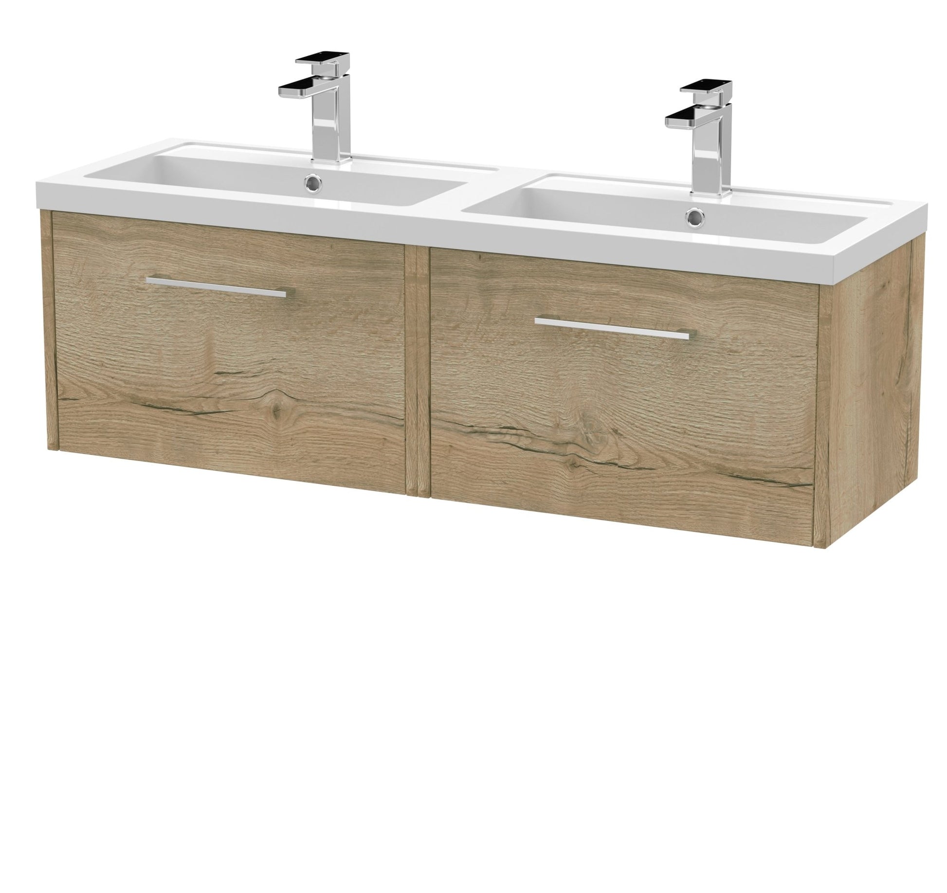 Hudson Reed Juno 1200mm Wall Hung 2 Drawer Vanity & Double Basin Contemp Autumn Oak MFC Textured Woodgrain 359x1205x390mm - JNU1822C - JJ Building Materials