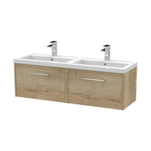 Hudson Reed Juno 1200mm Wall Hung 2 Drawer Vanity & Double Basin Contemp Autumn Oak MFC Textured Woodgrain 359x1205x390mm - JNU1822C - JJ Building Materials