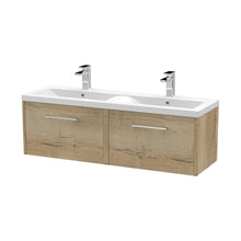 Hudson Reed Juno 1200mm Wall Hung 2 Drawer Vanity & Double Basin Contemp Autumn Oak MFC Textured Woodgrain 359x1205x390mm - JNU1822F - JJ Building Materials