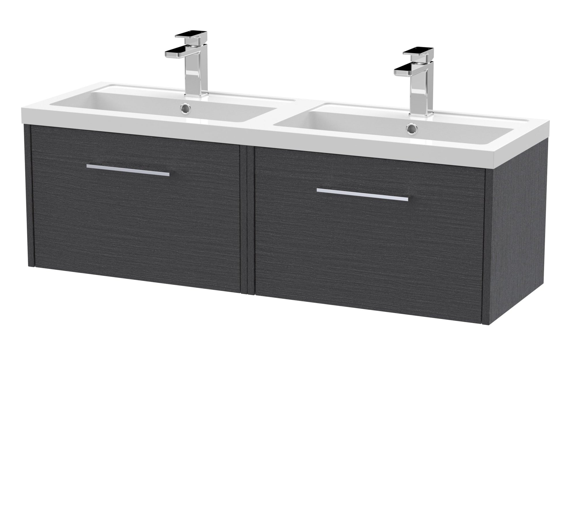 Hudson Reed Juno 1200mm Wall Hung 2 Drawer Vanity & Double Basin Contemp Graphite Grey Woodgrain MFC Textured Woodgrain 359x1205x390mm - JNU2222C - JJ Building Materials