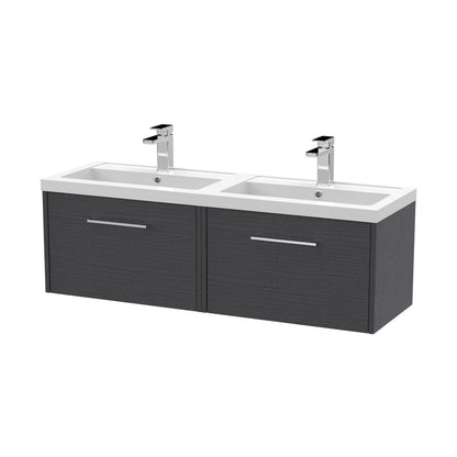 Hudson Reed Juno 1200mm Wall Hung 2 Drawer Vanity & Double Basin Contemp Graphite Grey Woodgrain MFC Textured Woodgrain 359x1205x390mm - JNU2222C - JJ Building Materials