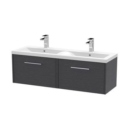 Hudson Reed Juno 1200mm Wall Hung 2 Drawer Vanity & Double Basin Contemp Graphite Grey Woodgrain MFC Textured Woodgrain 359x1205x390mm - JNU2222F - JJ Building Materials