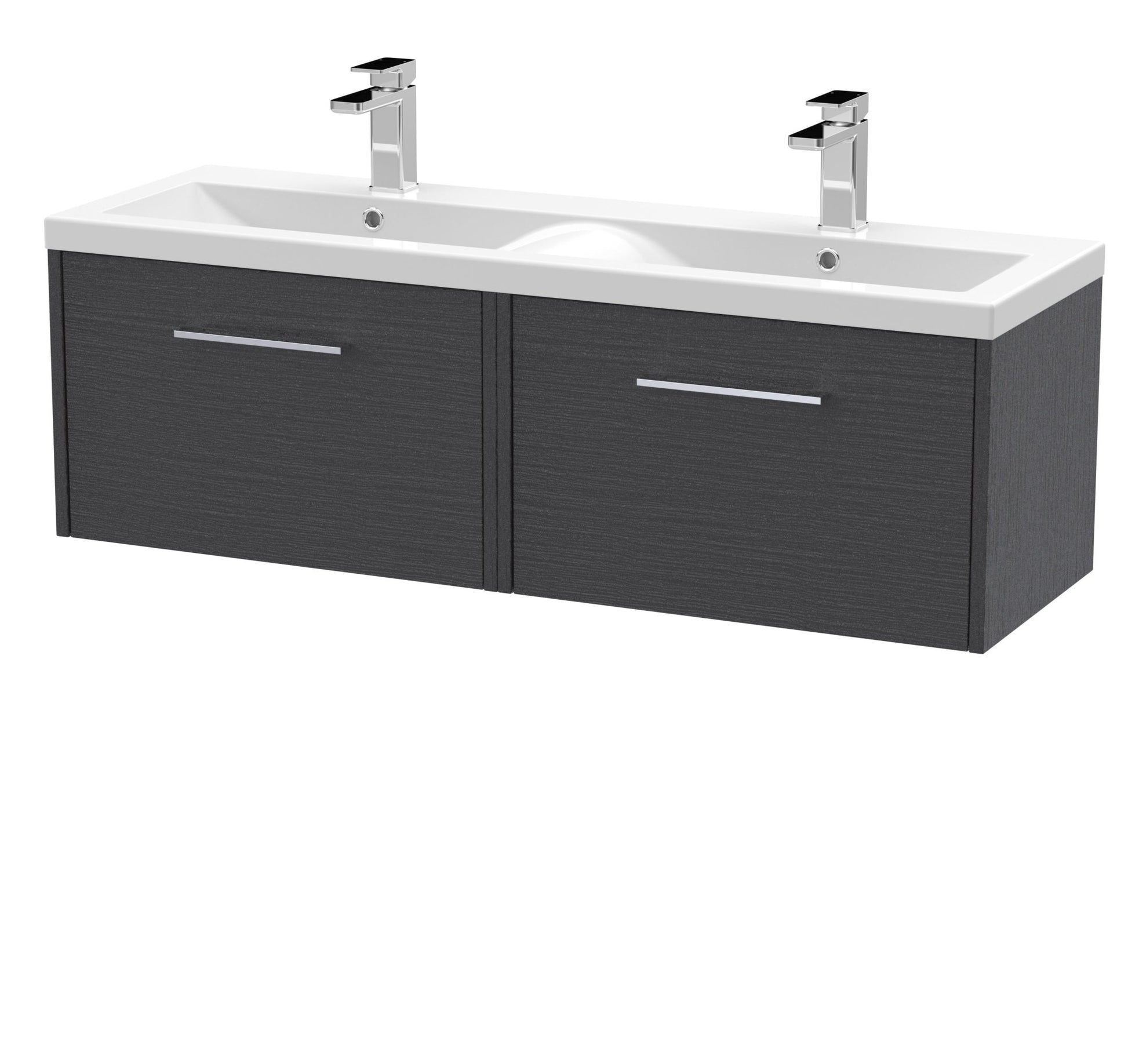 Hudson Reed Juno 1200mm Wall Hung 2 Drawer Vanity & Double Basin Contemp Graphite Grey Woodgrain MFC Textured Woodgrain 359x1205x390mm - JNU2222F - JJ Building Materials