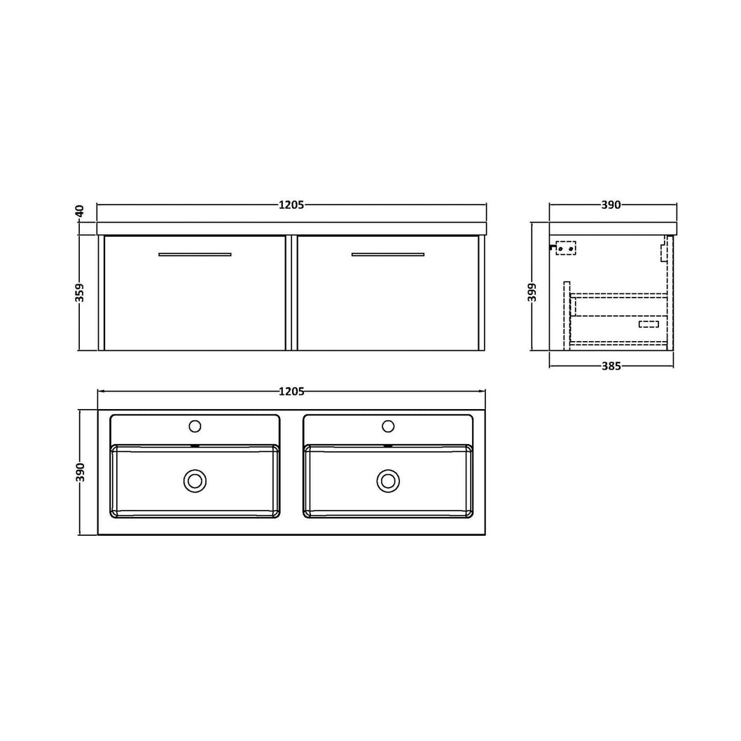 Hudson Reed Juno 1200mm Wall Hung 2 Drawer Vanity & Double Basin Contemp Metallic Slate MFC Textured Matt 359x1205x390mm - JNU2622C - JJ Building Materials