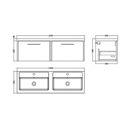 Hudson Reed Juno 1200mm Wall Hung 2 Drawer Vanity & Double Basin Contemp Metallic Slate MFC Textured Matt 359x1205x390mm - JNU2622C - JJ Building Materials