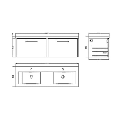 Hudson Reed Juno 1200mm Wall Hung 2 Drawer Vanity & Double Basin Contemp Metallic Slate MFC Textured Matt 359x1205x390mm - JNU2622F - JJ Building Materials
