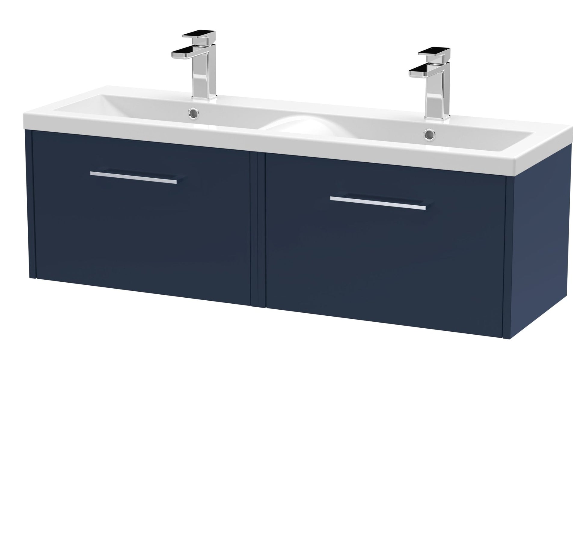 Hudson Reed Juno 1200mm Wall Hung 2 - drawer Vanity & Double Basin Contemp Midnight Blue MFC Painted Matt 399x1205x385mm - JNU2922F - JJ Building Materials