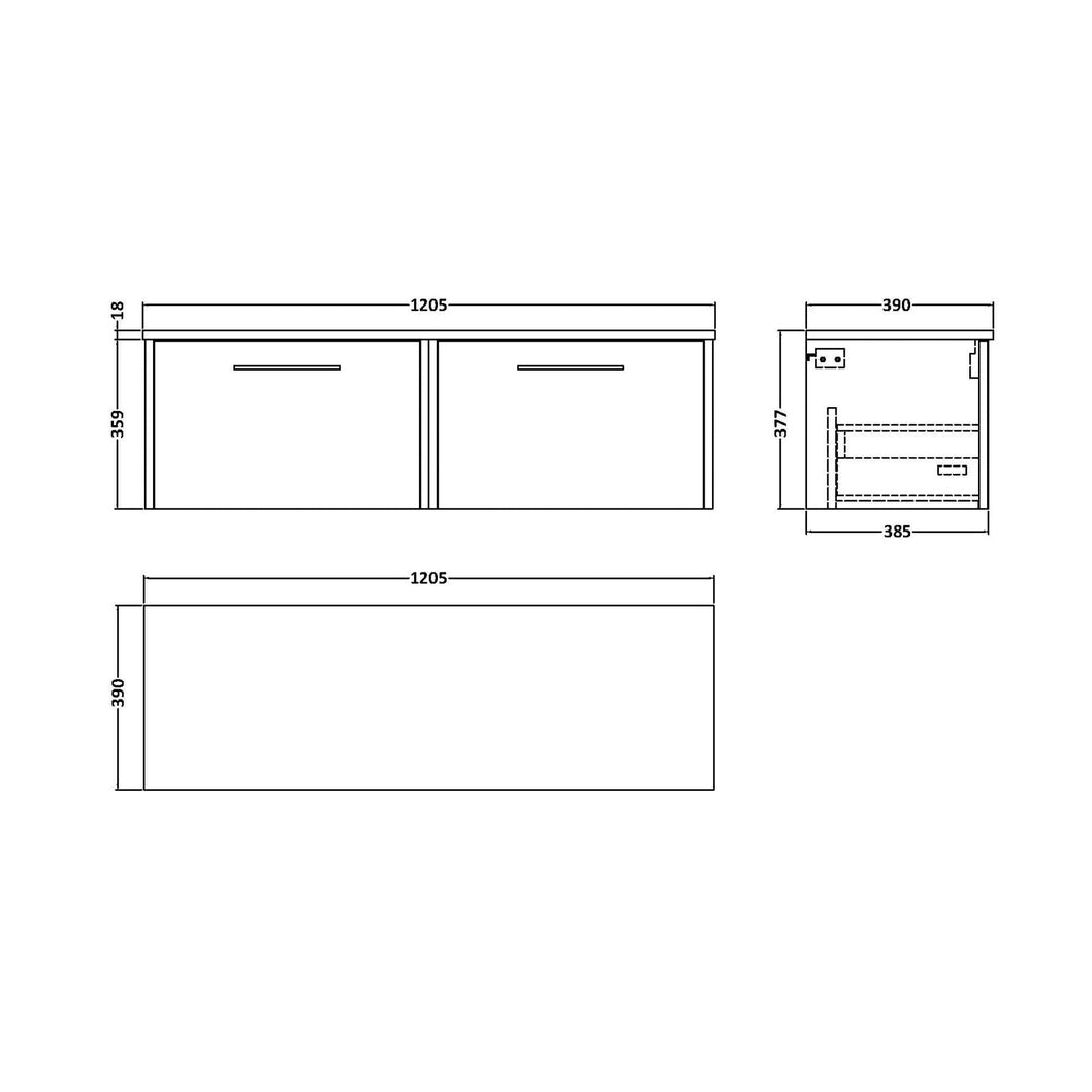 Hudson Reed Juno 1200mm Wall Hung 2 Drawer Vanity & Worktop Contemp Graphite Grey Woodgrain MFC Textured Woodgrain 359x1205x390mm - JJ Building Materials