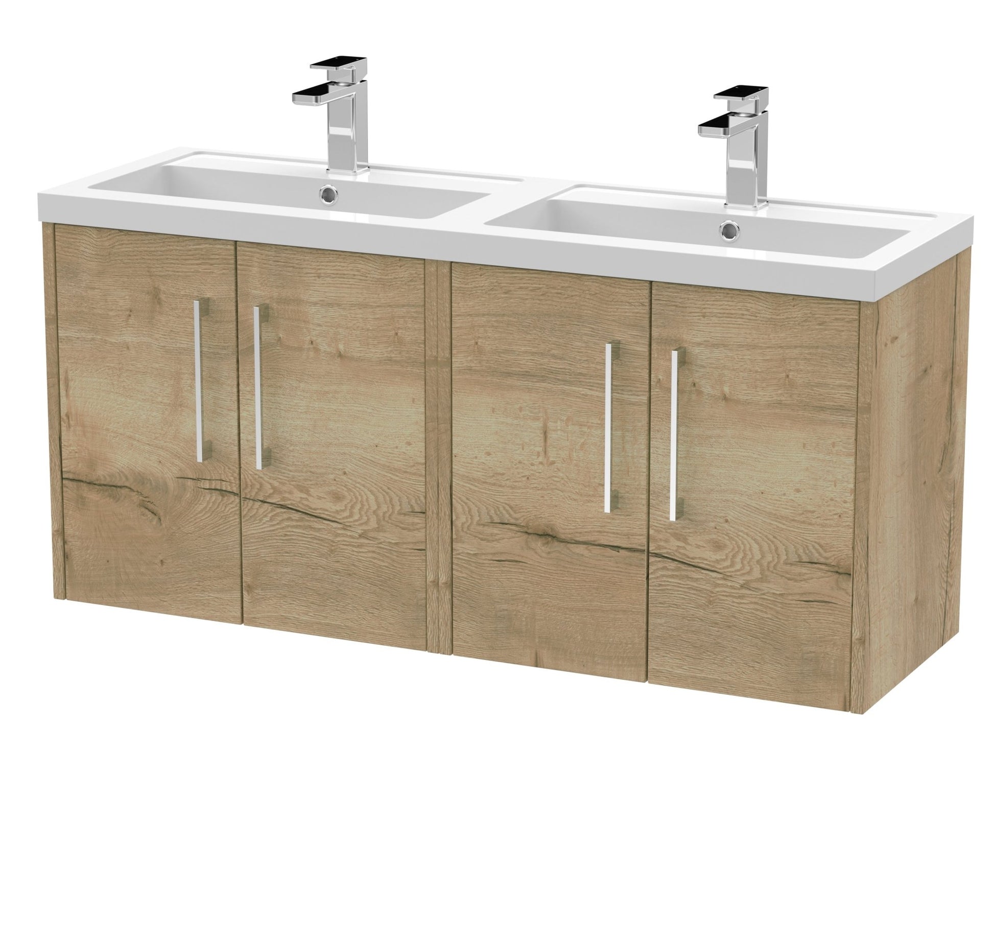 Hudson Reed Juno 1200mm Wall Hung 4 Door Vanity & Double Basin Contemp Autumn Oak MFC Textured Woodgrain 539x1205x390mm - JNU1823C - JJ Building Materials