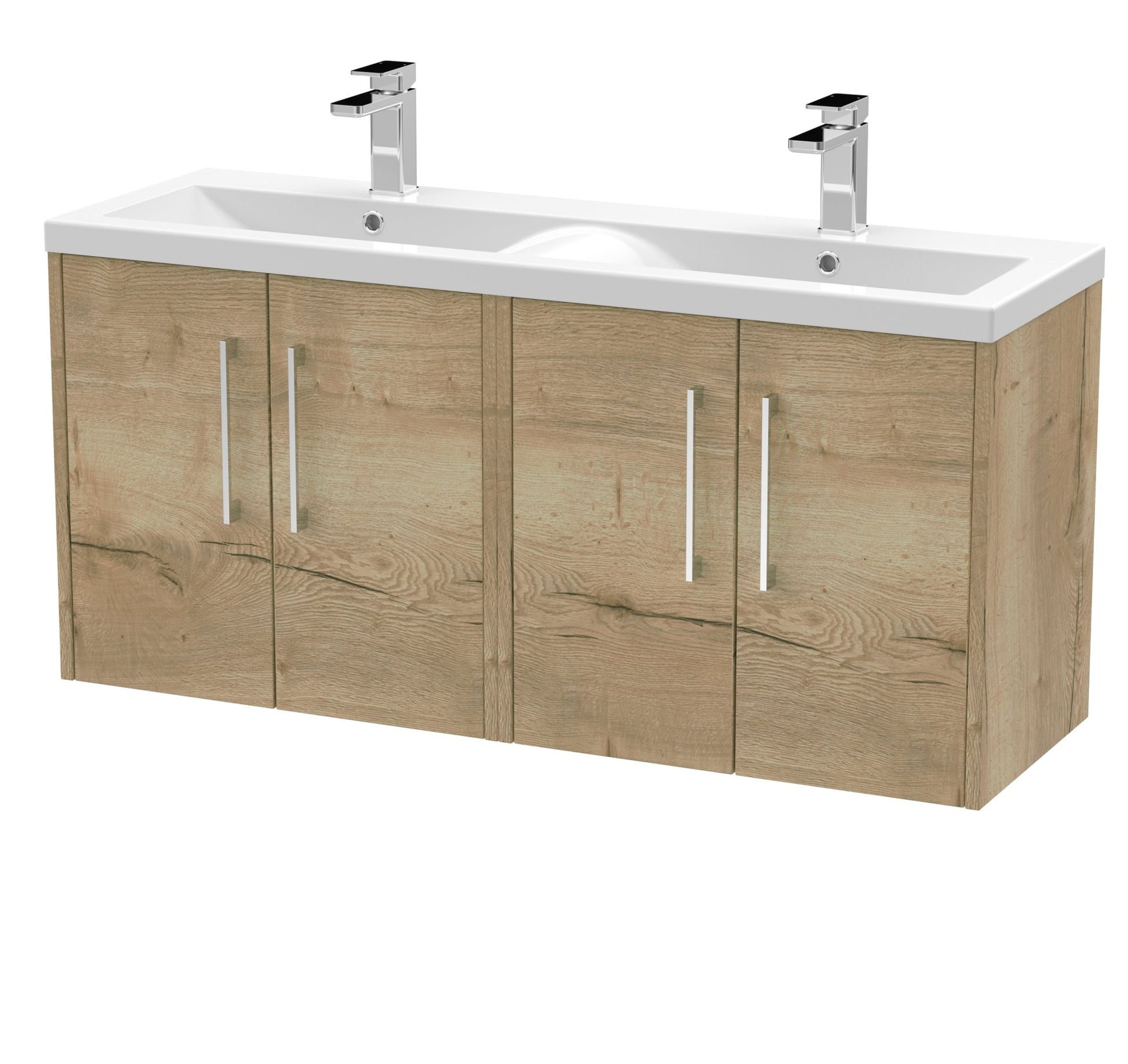 Hudson Reed Juno 1200mm Wall Hung 4 Door Vanity & Double Basin Contemp Autumn Oak MFC Textured Woodgrain 539x1205x390mm - JNU1823F - JJ Building Materials