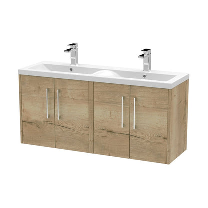 Hudson Reed Juno 1200mm Wall Hung 4 Door Vanity & Double Basin Contemp Autumn Oak MFC Textured Woodgrain 539x1205x390mm - JNU1823F - JJ Building Materials