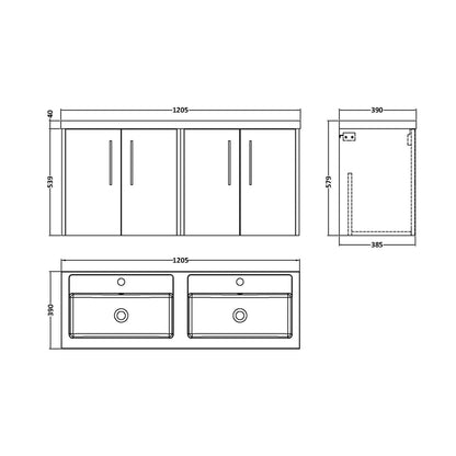 Hudson Reed Juno 1200mm Wall Hung 4 Door Vanity & Double Basin Contemp Graphite Grey Woodgrain MFC Textured Woodgrain 539x1205x390mm - JNU2223C - JJ Building Materials