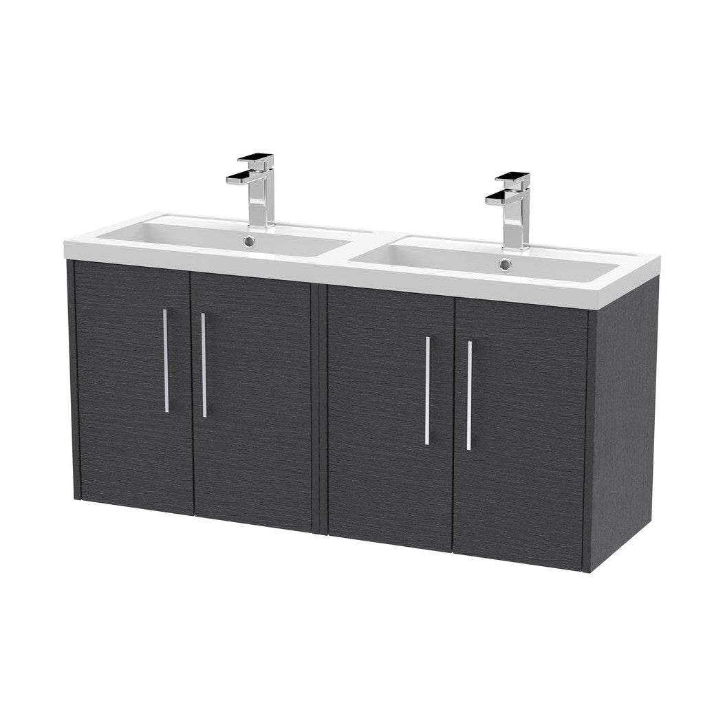 Hudson Reed Juno 1200mm Wall Hung 4 Door Vanity & Double Basin Contemp Graphite Grey Woodgrain MFC Textured Woodgrain 539x1205x390mm - JNU2223C - JJ Building Materials