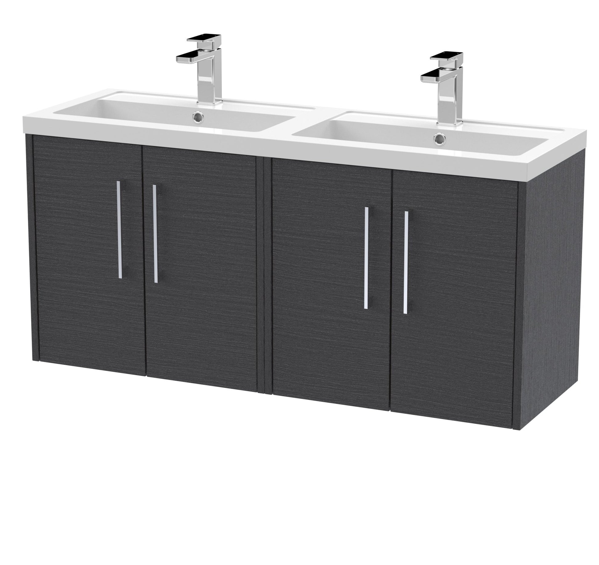 Hudson Reed Juno 1200mm Wall Hung 4 Door Vanity & Double Basin Contemp Graphite Grey Woodgrain MFC Textured Woodgrain 539x1205x390mm - JNU2223C - JJ Building Materials