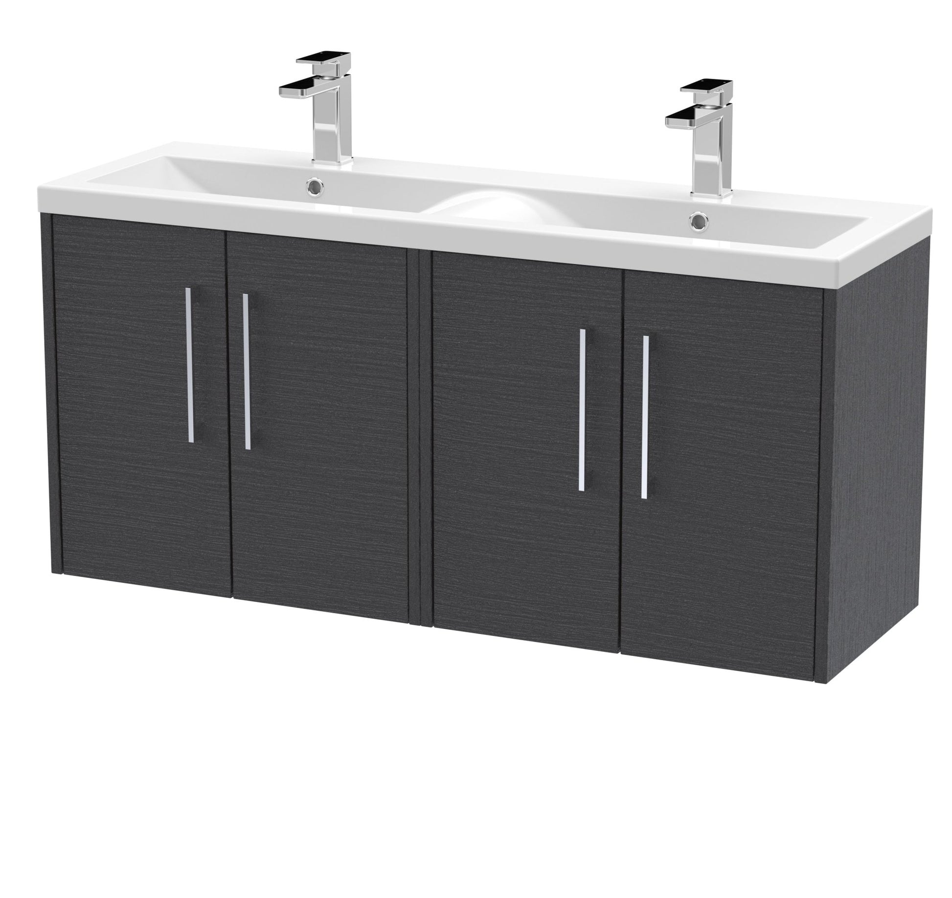 Hudson Reed Juno 1200mm Wall Hung 4 Door Vanity & Double Basin Contemp Graphite Grey Woodgrain MFC Textured Woodgrain 539x1205x390mm - JNU2223F - JJ Building Materials