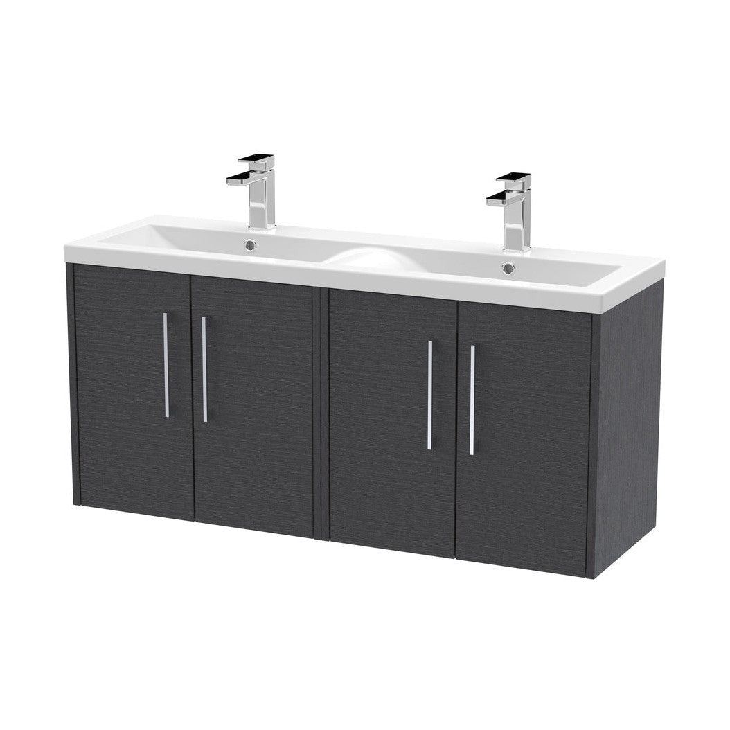 Hudson Reed Juno 1200mm Wall Hung 4 Door Vanity & Double Basin Contemp Graphite Grey Woodgrain MFC Textured Woodgrain 539x1205x390mm - JNU2223F - JJ Building Materials