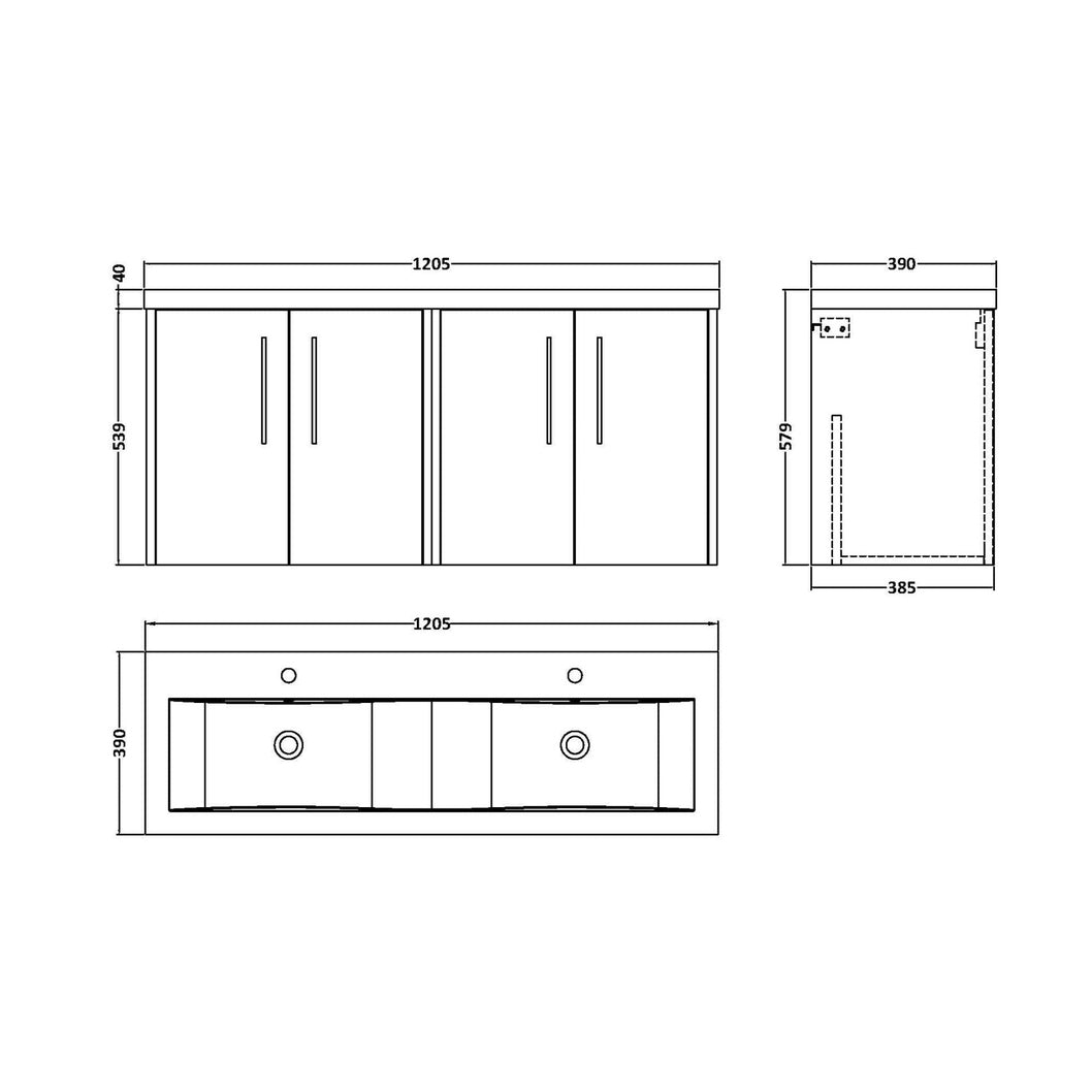 Hudson Reed Juno 1200mm Wall Hung 4 Door Vanity & Double Basin Contemp Graphite Grey Woodgrain MFC Textured Woodgrain 539x1205x390mm - JNU2223F - JJ Building Materials