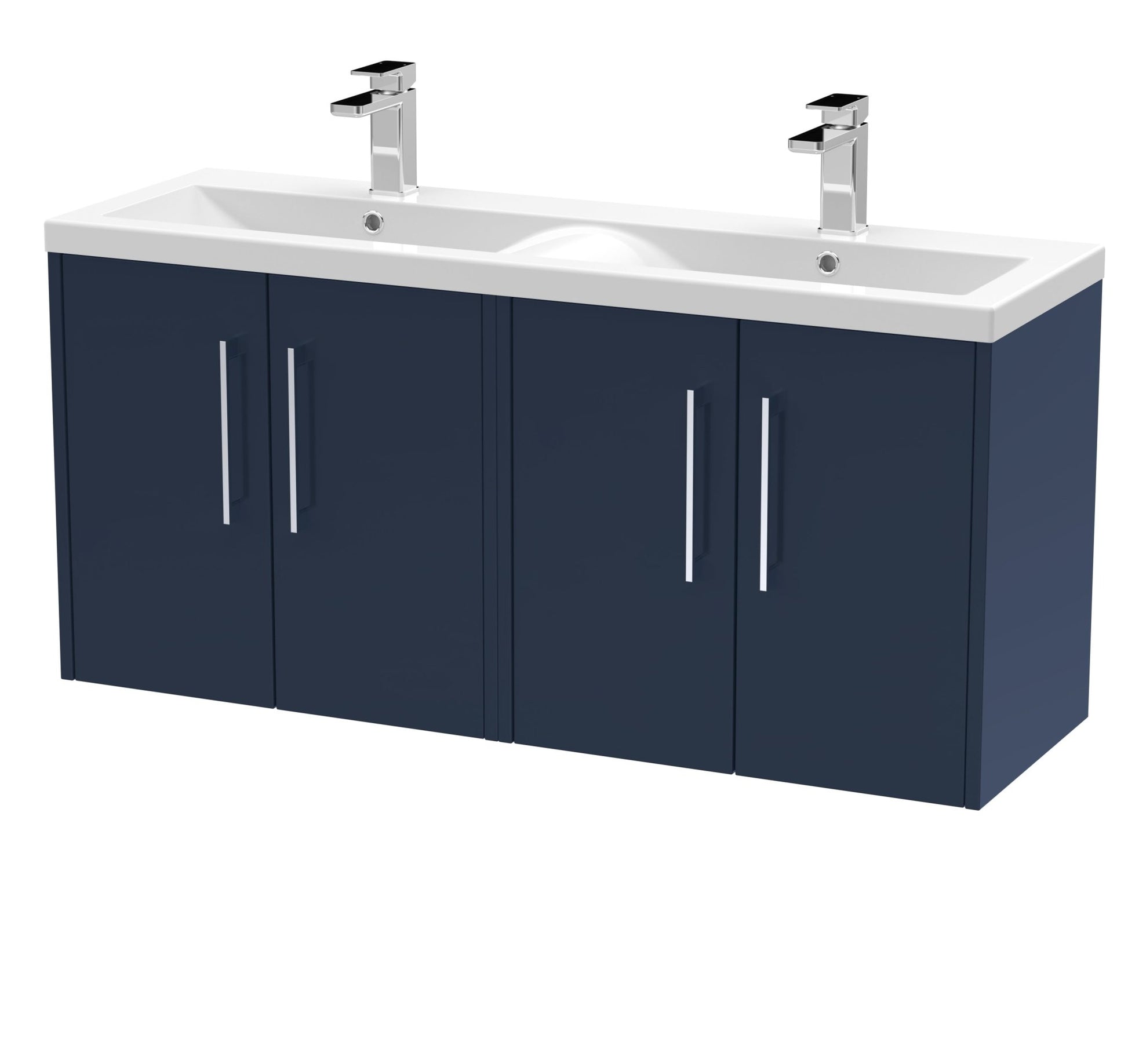 Hudson Reed Juno 1200mm Wall Hung 4 - door Vanity & Double Basin Contemp Midnight Blue MFC Painted Matt 579x1205x385mm - JNU2923F - JJ Building Materials