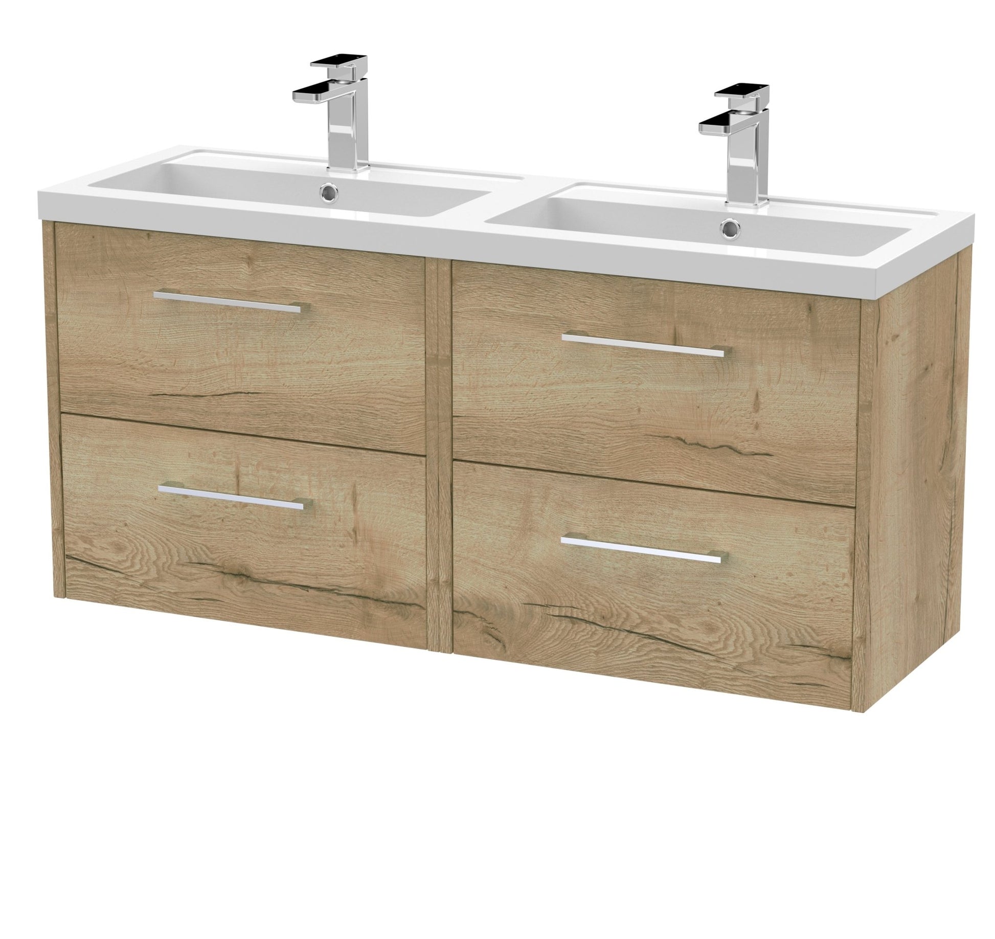 Hudson Reed Juno 1200mm Wall Hung 4 Drawer Vanity & Double Basin Contemp Autumn Oak MFC Textured Woodgrain 539x1205x390mm - JNU1824C - JJ Building Materials