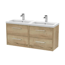 Hudson Reed Juno 1200mm Wall Hung 4 Drawer Vanity & Double Basin Contemp Autumn Oak MFC Textured Woodgrain 539x1205x390mm - JNU1824C - JJ Building Materials