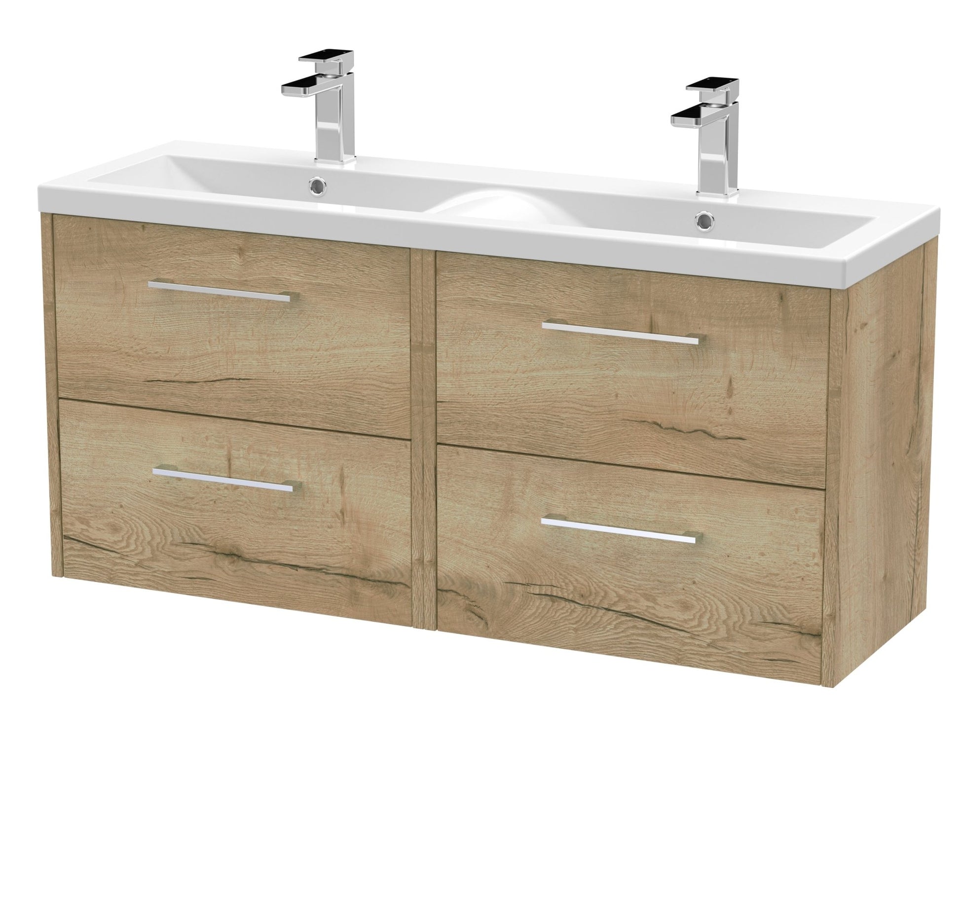 Hudson Reed Juno 1200mm Wall Hung 4 Drawer Vanity & Double Basin Contemp Autumn Oak MFC Textured Woodgrain 539x1205x390mm - JNU1824F - JJ Building Materials