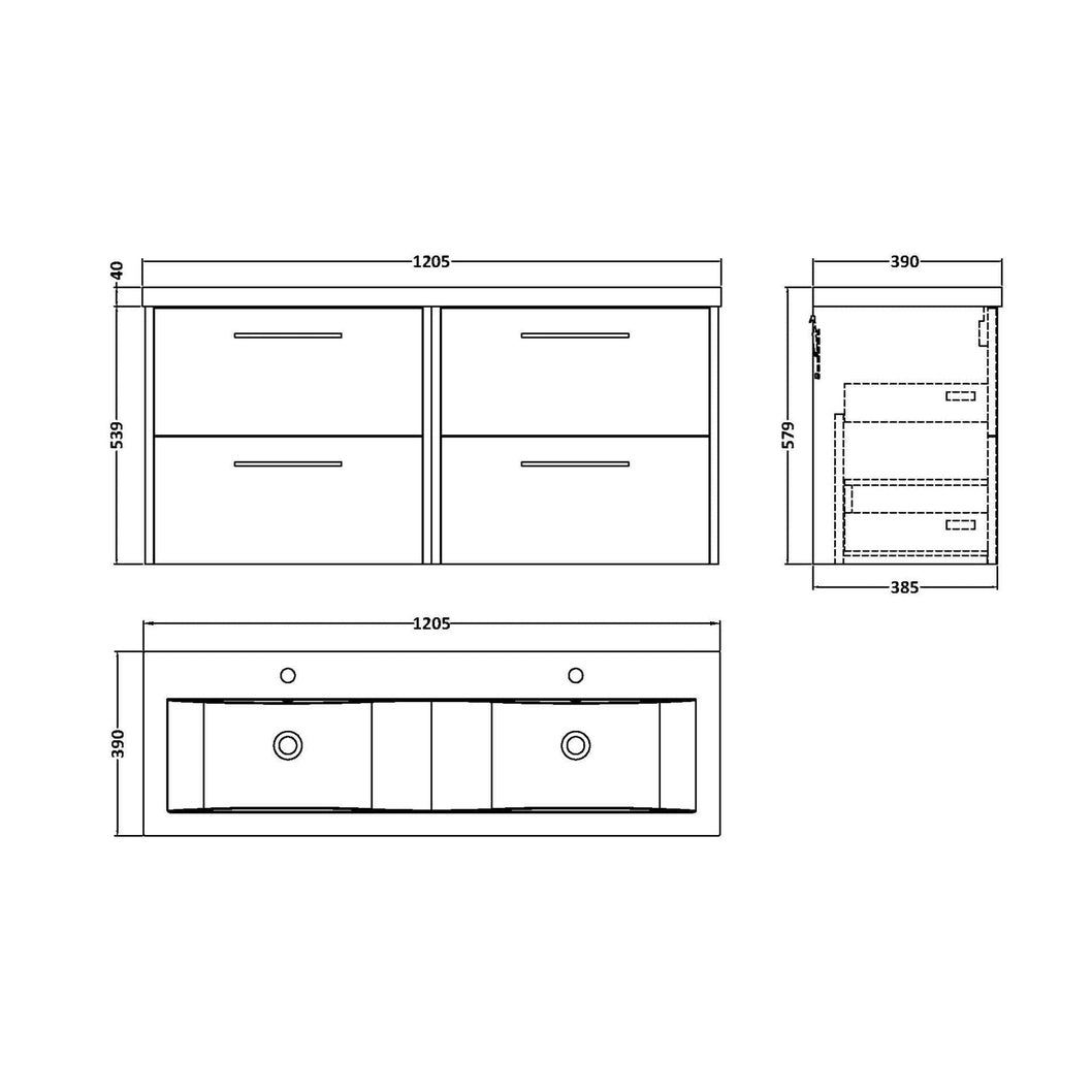 Hudson Reed Juno 1200mm Wall Hung 4 Drawer Vanity & Double Basin Contemp Autumn Oak MFC Textured Woodgrain 539x1205x390mm - JNU1824F - JJ Building Materials
