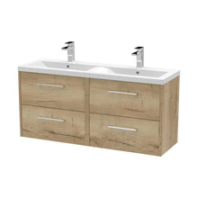 Hudson Reed Juno 1200mm Wall Hung 4 Drawer Vanity & Double Basin Contemp Autumn Oak MFC Textured Woodgrain 539x1205x390mm - JNU1824F - JJ Building Materials