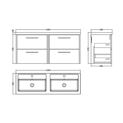 Hudson Reed Juno 1200mm Wall Hung 4 Drawer Vanity & Double Basin Contemp Coastal Grey MFC Smooth Matt 539x1205x390mm - JNU2324C - JJ Building Materials
