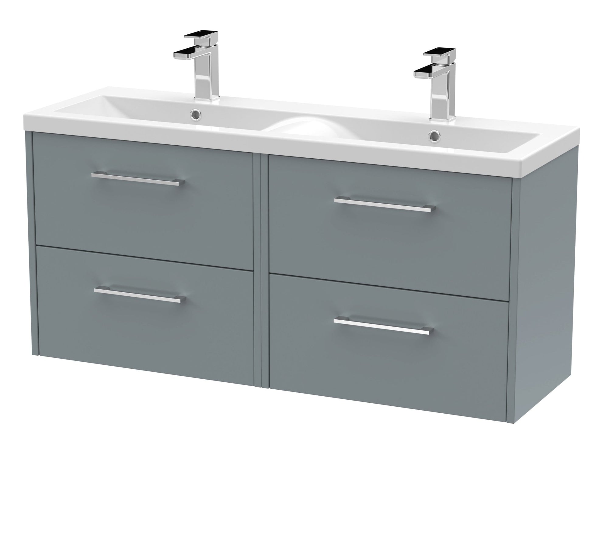 Hudson Reed Juno 1200mm Wall Hung 4 Drawer Vanity & Double Basin Contemp Coastal Grey MFC Smooth Matt 539x1205x390mm - JNU2324F - JJ Building Materials