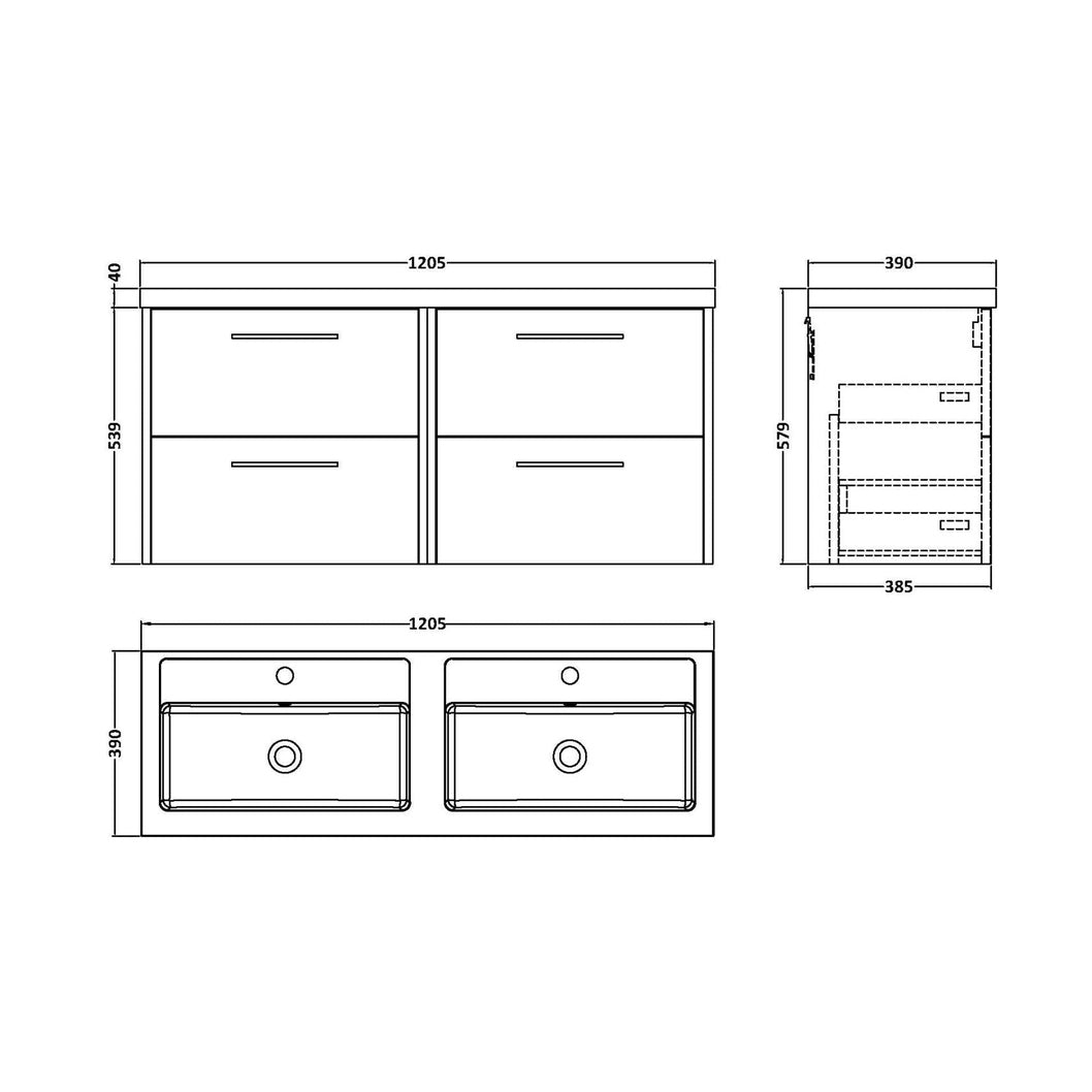Hudson Reed Juno 1200mm Wall Hung 4 Drawer Vanity & Double Basin Contemp Graphite Grey Woodgrain MFC Textured Woodgrain 539x1205x390mm - JNU2224C - JJ Building Materials
