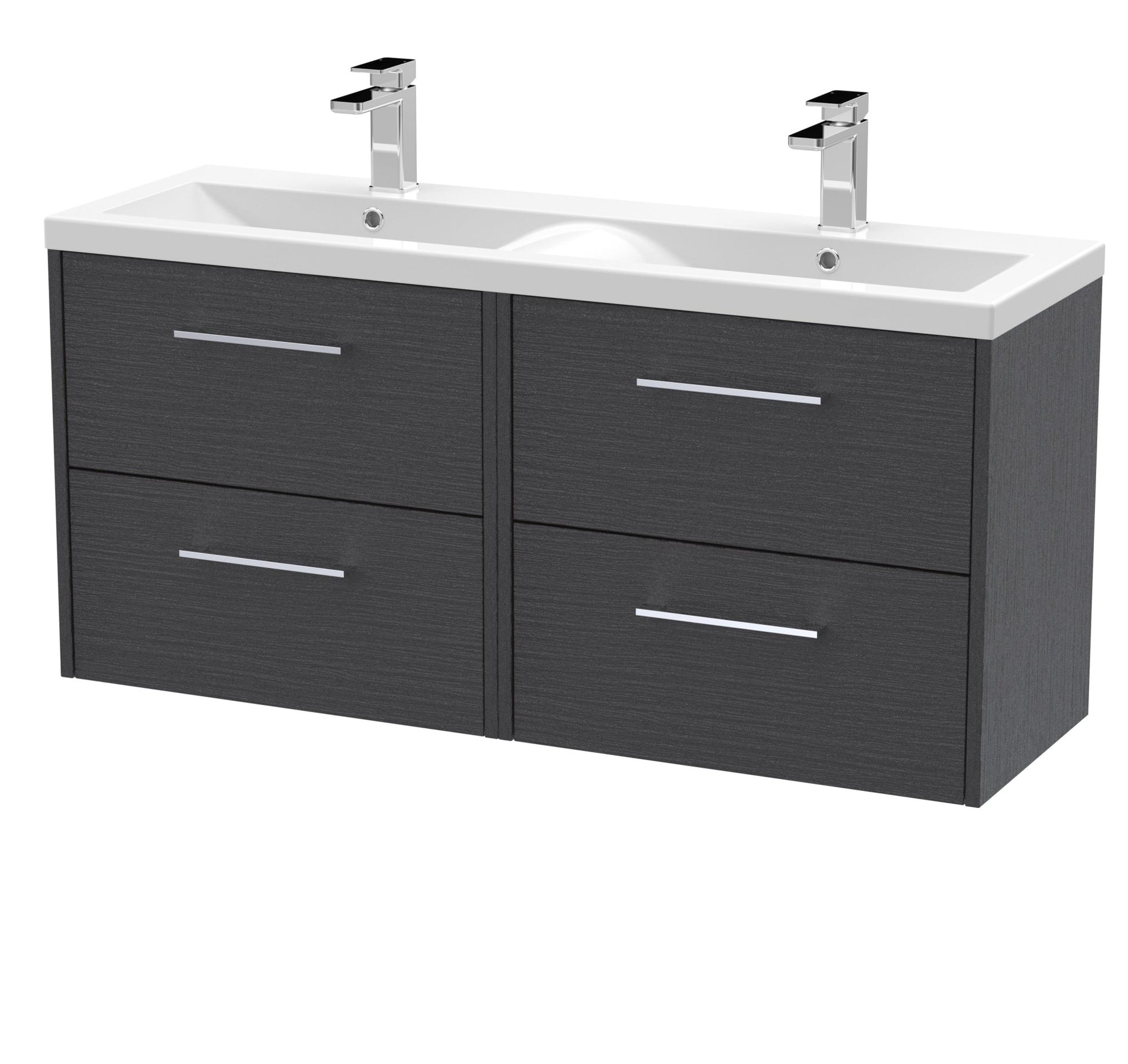 Hudson Reed Juno 1200mm Wall Hung 4 Drawer Vanity & Double Basin Contemp Graphite Grey Woodgrain MFC Textured Woodgrain 539x1205x390mm - JNU2224F - JJ Building Materials