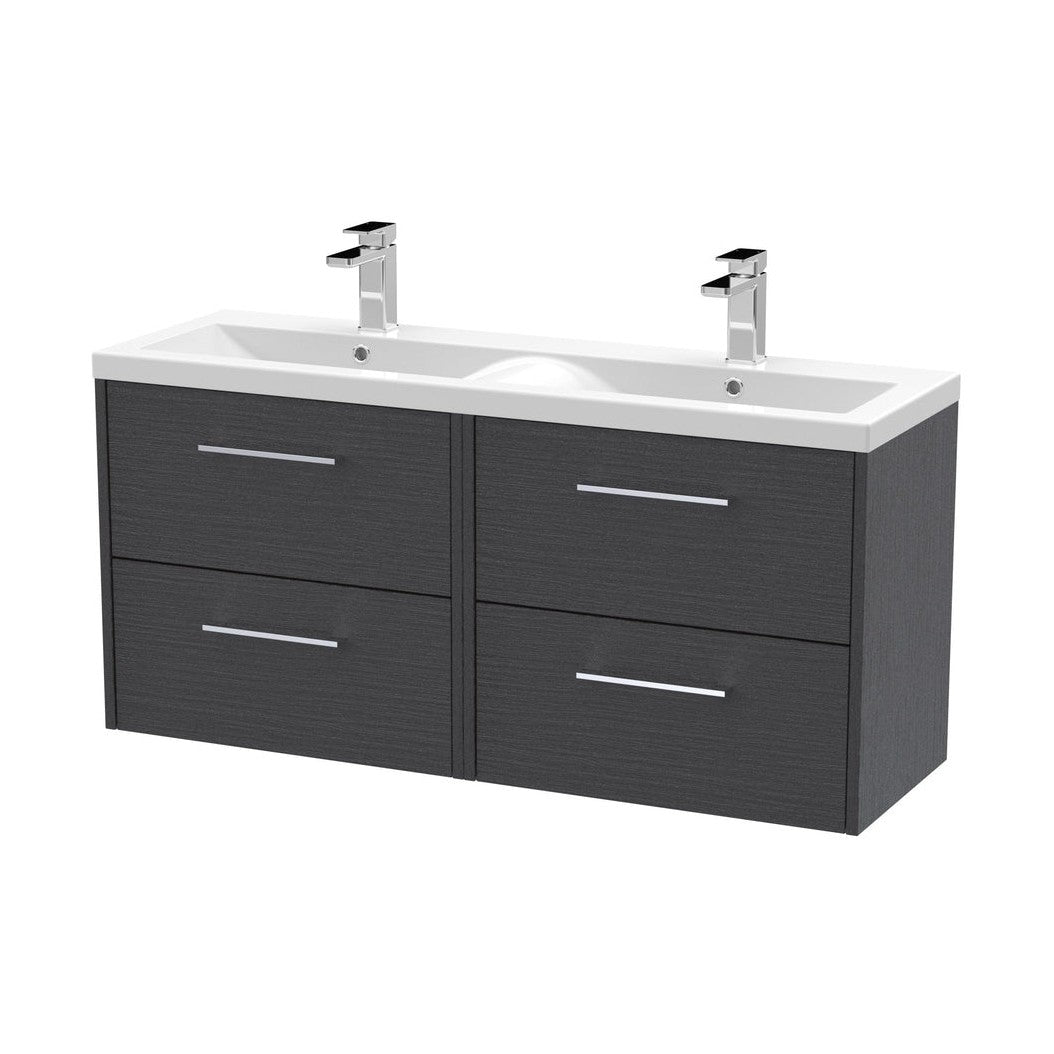 Hudson Reed Juno 1200mm Wall Hung 4 Drawer Vanity & Double Basin Contemp Graphite Grey Woodgrain MFC Textured Woodgrain 539x1205x390mm - JNU2224F - JJ Building Materials