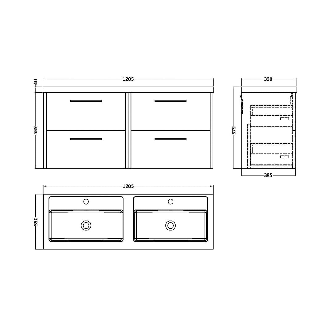 Hudson Reed Juno 1200mm Wall Hung 4 Drawer Vanity & Double Basin Contemp Metallic Slate MFC Textured Matt 539x1205x390mm - JNU2624C - JJ Building Materials