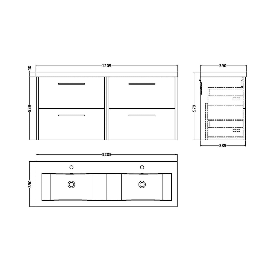 Hudson Reed Juno 1200mm Wall Hung 4 Drawer Vanity & Double Basin Contemp Metallic Slate MFC Textured Matt 539x1205x390mm - JNU2624F - JJ Building Materials