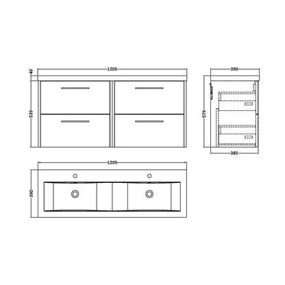 Hudson Reed Juno 1200mm Wall Hung 4 Drawer Vanity & Double Basin Contemp Metallic Slate MFC Textured Matt 539x1205x390mm - JNU2624F - JJ Building Materials