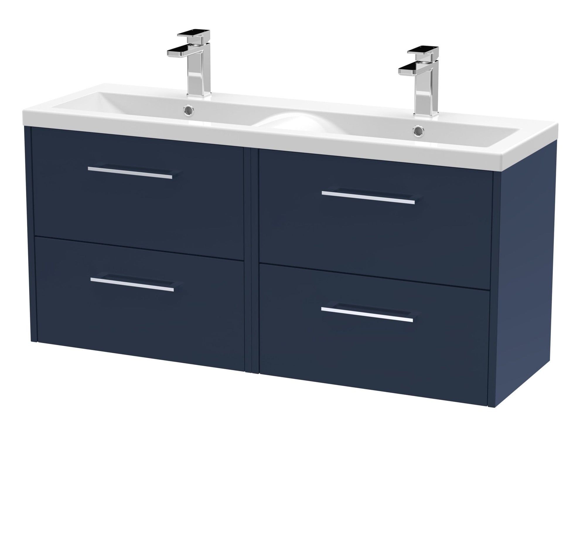 Hudson Reed Juno 1200mm Wall Hung 4 - drawer Vanity & Double Basin Contemp Midnight Blue MFC Painted Matt 579x1205x385mm - JNU2924F - JJ Building Materials