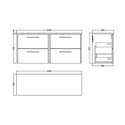 Hudson Reed Juno 1200mm Wall Hung 4 Drawer Vanity & Worktop Contemp Autumn Oak MFC Textured Woodgrain 539x1205x390mm - JJ Building Materials