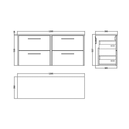 Hudson Reed Juno 1200mm Wall Hung 4 Drawer Vanity & Worktop Contemp Metallic Slate MFC Textured Matt 539x1205x390mm - JJ Building Materials