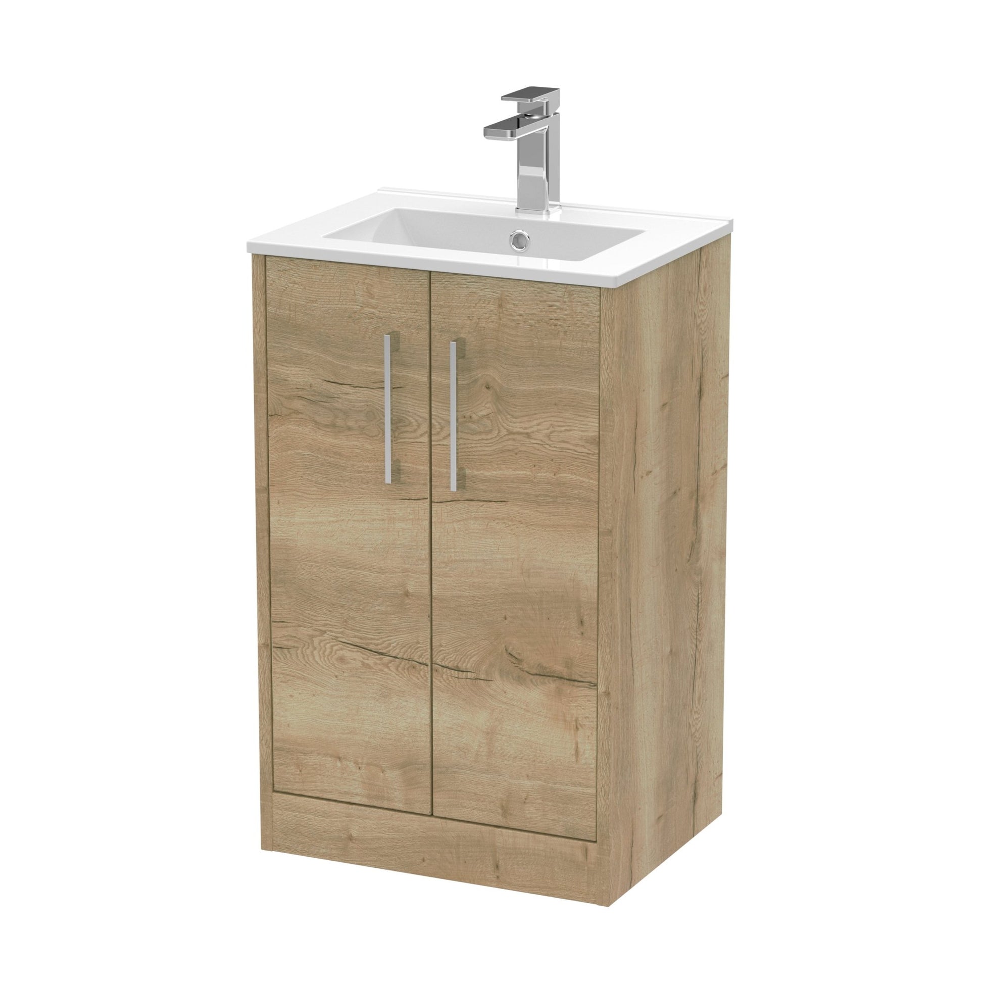 Hudson Reed Juno 500mm Floor Standing 2 Door Vanity & Basin 2 Contemp Autumn Oak MFC Textured Woodgrain 818x500x390mm - JJ Building Materials
