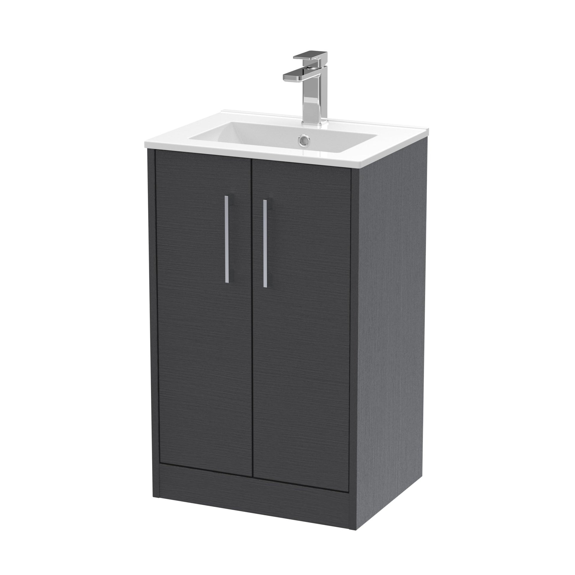 Hudson Reed Juno 500mm Floor Standing 2 Door Vanity & Basin 2 Contemp Graphite Grey Woodgrain MFC Textured Woodgrain 818x500x390mm - JJ Building Materials