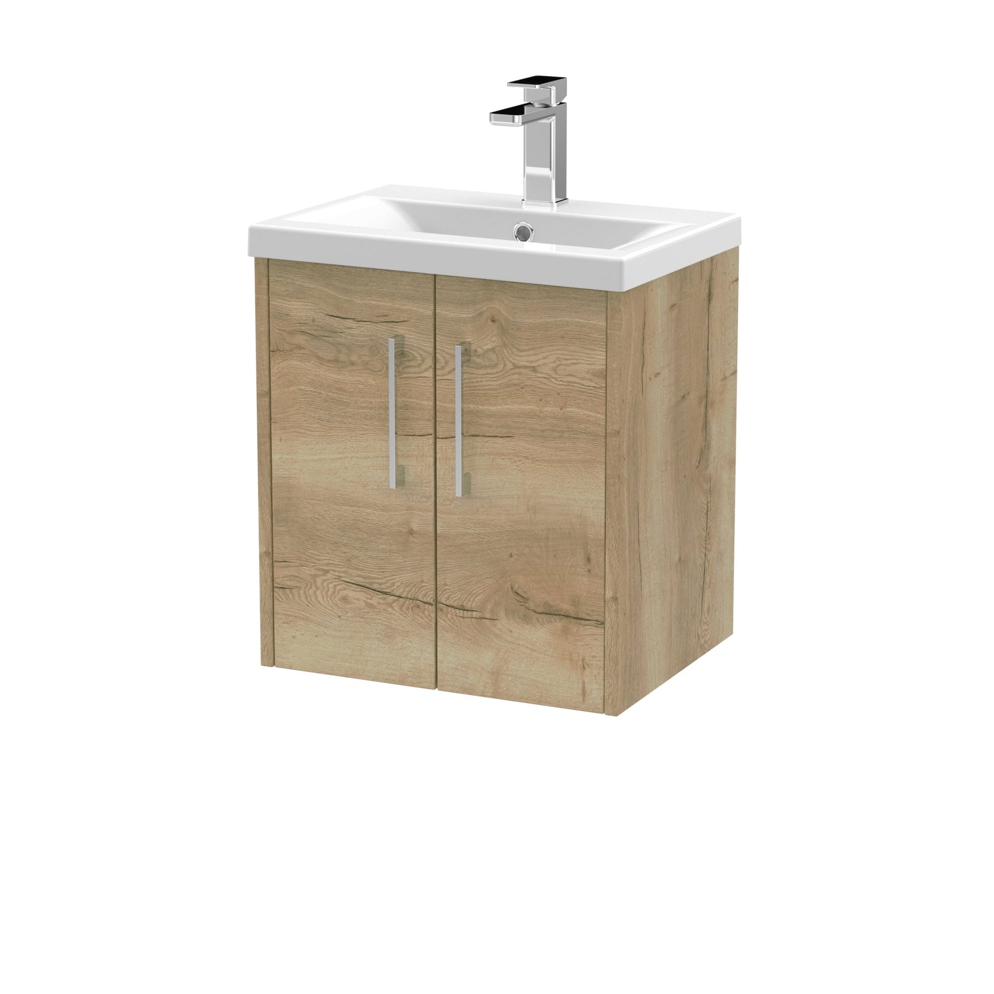 Hudson Reed Juno 500mm Wall Hung 2 Door Vanity & Basin 1 Contemp Autumn Oak MFC Textured Woodgrain 579x500x390mm - JJ Building Materials