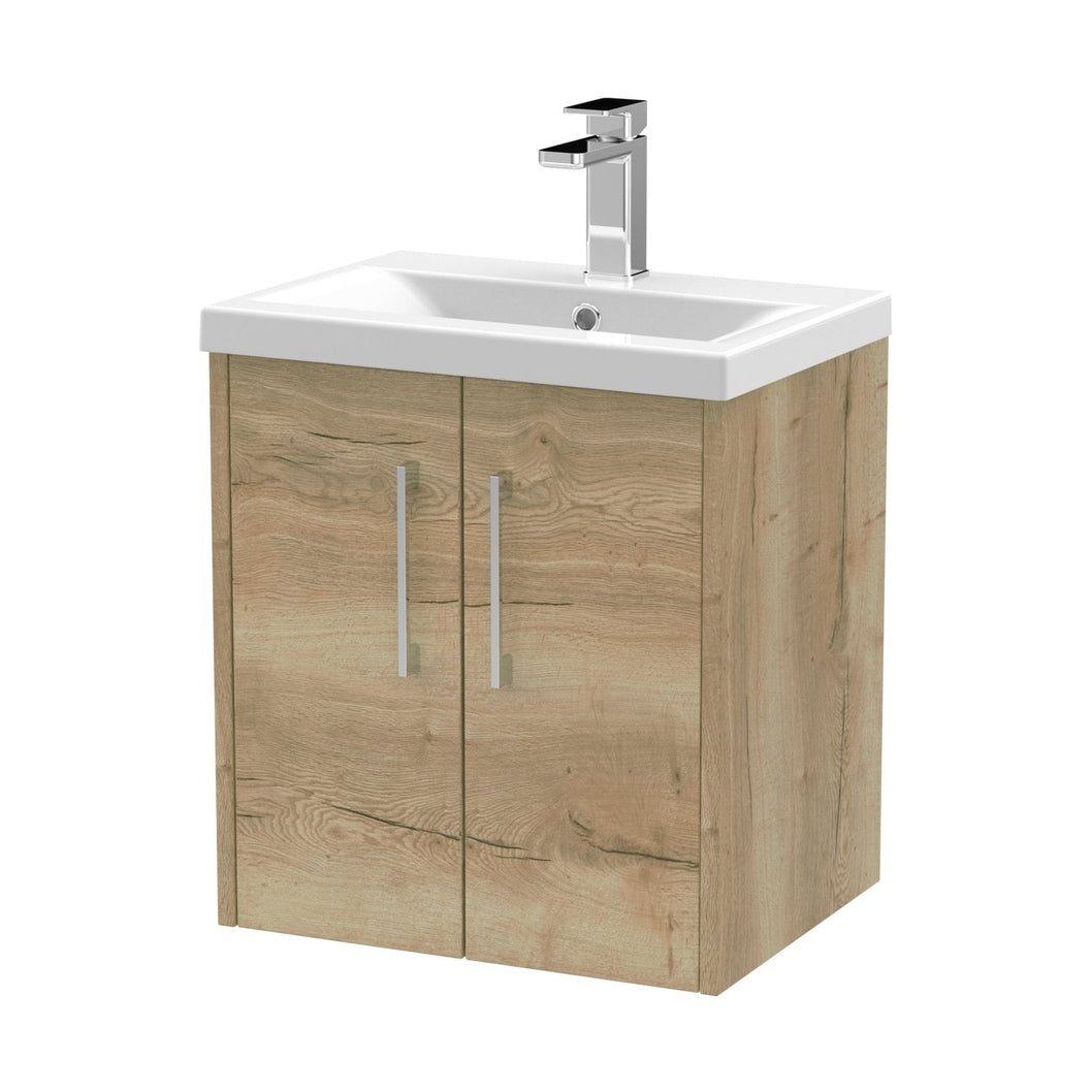 Hudson Reed Juno 500mm Wall Hung 2 Door Vanity & Basin 1 Contemp Autumn Oak MFC Textured Woodgrain 579x500x390mm - JJ Building Materials