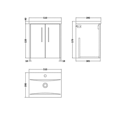 Hudson Reed Juno 500mm Wall Hung 2 Door Vanity & Basin 1 Contemp Graphite Grey Woodgrain MFC Textured Woodgrain 579x500x390mm - JJ Building Materials