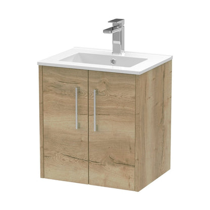 Hudson Reed Juno 500mm Wall Hung 2 Door Vanity & Basin 2 Contemp Autumn Oak MFC Textured Woodgrain 554x500x390mm - JJ Building Materials