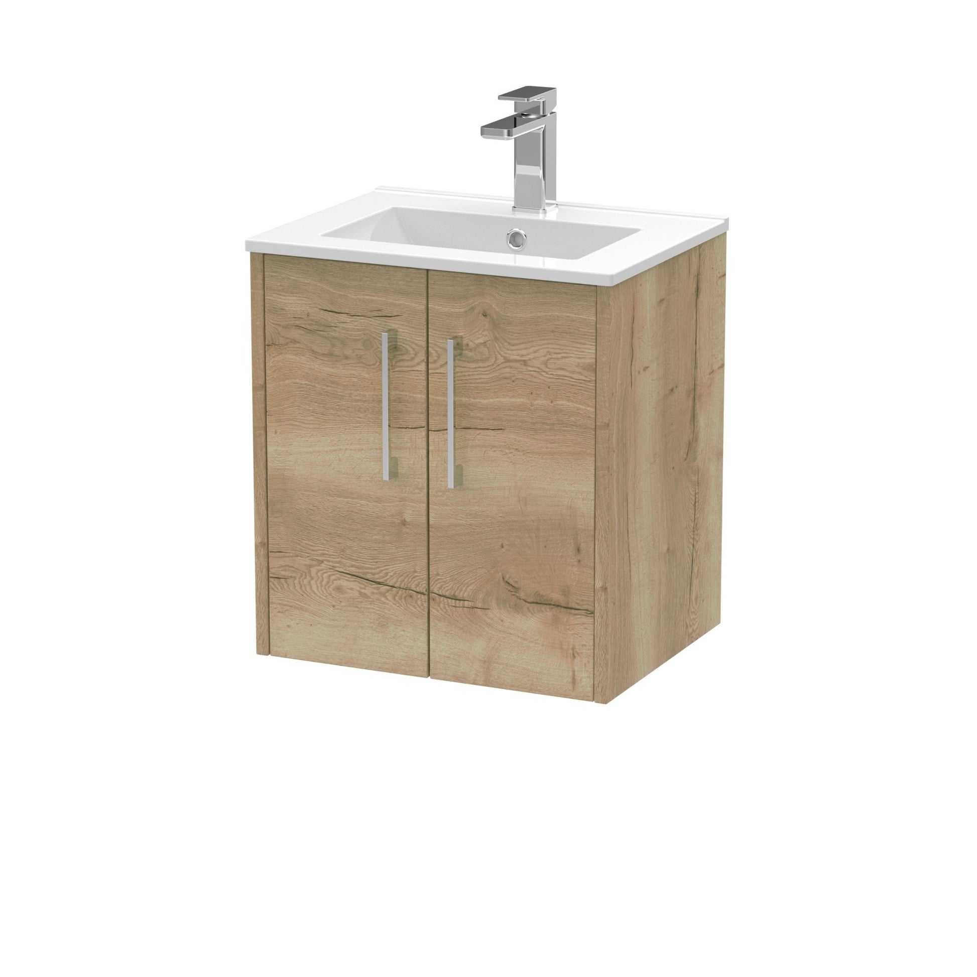 Hudson Reed Juno 500mm Wall Hung 2 Door Vanity & Basin 2 Contemp Autumn Oak MFC Textured Woodgrain 554x500x390mm - JJ Building Materials