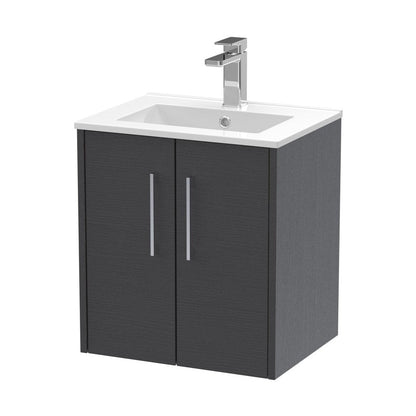 Hudson Reed Juno 500mm Wall Hung 2 Door Vanity & Basin 2 Contemp Graphite Grey Woodgrain MFC Textured Woodgrain 554x500x390mm - JJ Building Materials