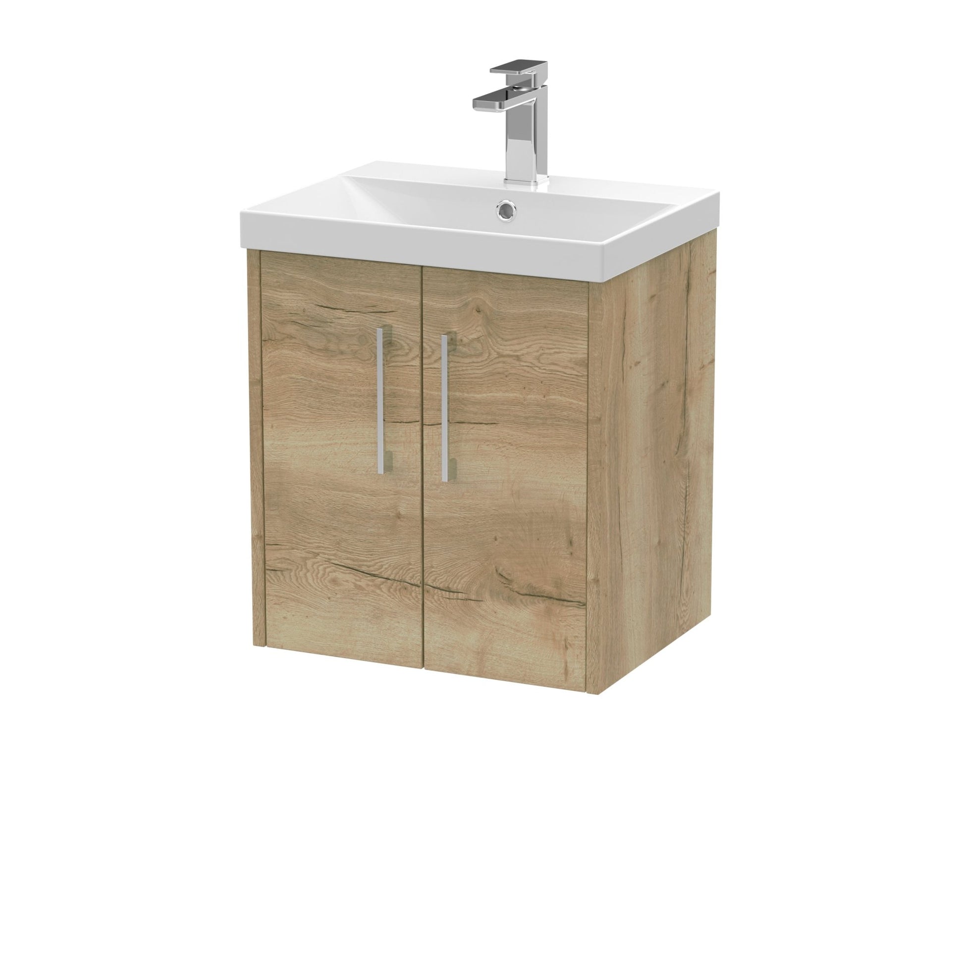 Hudson Reed Juno 500mm Wall Hung 2 Door Vanity & Basin 3 Contemp Autumn Oak MFC Textured Woodgrain 589x500x395mm - JJ Building Materials