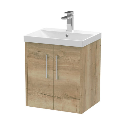 Hudson Reed Juno 500mm Wall Hung 2 Door Vanity & Basin 3 Contemp Autumn Oak MFC Textured Woodgrain 589x500x395mm - JJ Building Materials